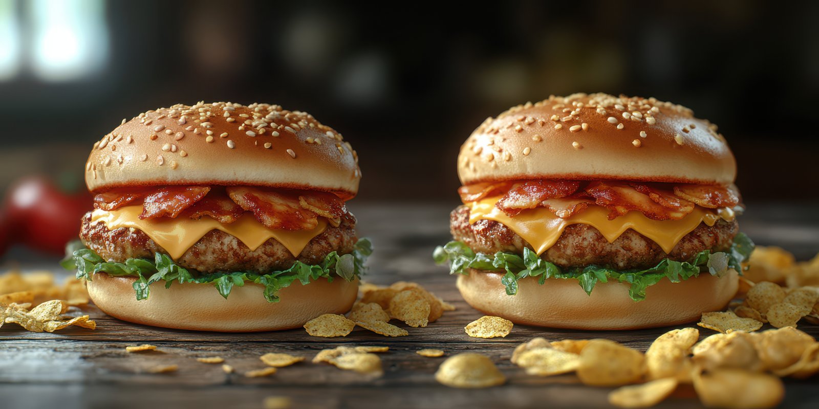 Two delicious cheeseburgers with crispy bacon resting on a rustic wooden table surrounded by chips